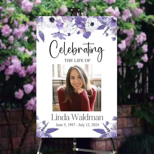 Personalized Photo Funeral Sign - Purple Floral Celebration Of Life Photo Sign - In Loving Memory Sign - Celebration Of Life Banner - Large Funeral Sign - Funeral Program - Funeral Decorations - Celebration Of Life Poster - Memory Signs For Funeral - colo