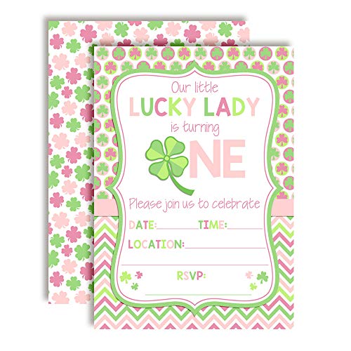 Lucky Lady First Birthday Clover St. Patrick’s Day Party Invitations for Girls, 20 5x7 Fill In Cards with Twenty White Envelopes by AmandaCreation - style: Lucky Lady