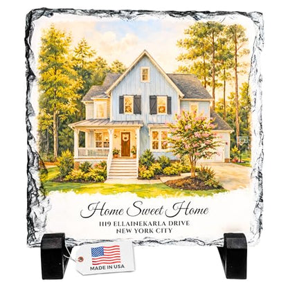 Personalized Photo Rock Slate Frame - First Home - Square Shape | Custom Stone Plaque Picture Frame, Our First Home Personalized Photo Frame, Customizable Picture Frame in Two Sizes - color: First-Home-Slate