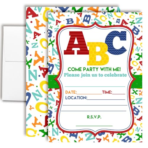 ABC Alphabet Letters and Learning Birthday Party Invitations, 20 5x7 Fill In Cards with Twenty White Envelopes by AmandaCreation - style: ABC Alphabet Letters