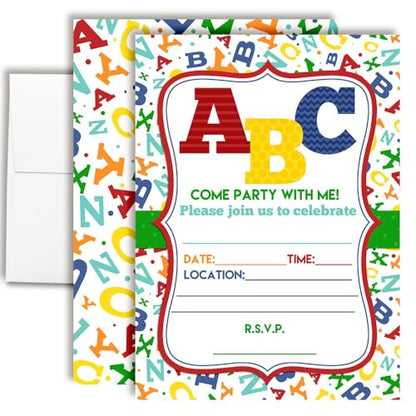 ABC Alphabet Letters and Learning Birthday Party Invitations, 20 5x7 Fill In Cards with Twenty White Envelopes by AmandaCreation - style: ABC Alphabet Letters
