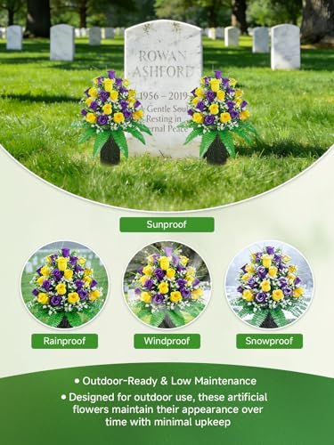 Mirevielyn 2-Pack 24-Stem Artificial Rose Cemetery Flowers with Vases - color: Yellow & Purple