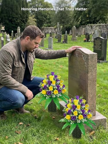 Mirevielyn 2-Pack 24-Stem Artificial Rose Cemetery Flowers with Vases - color: Yellow & Purple