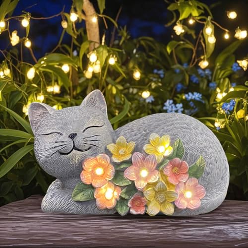 Solar Cat Garden Statue, Resin Solar Cat Lights for Outside - color: Gray With Colorful Flowers--lying Cat