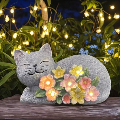 Solar Cat Garden Statue, Resin Solar Cat Lights for Outside - color: Gray With Colorful Flowers--lying Cat