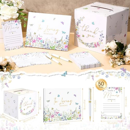 Engrowtic 54 Pcs Funeral Guest Book for Memorial Service Celebration of Life Guest Book in Loving Memory with 50 Memory Cards, Box, 2 Pens for Funeral Condolence Memorial Farewell Party Favor(Bright)
