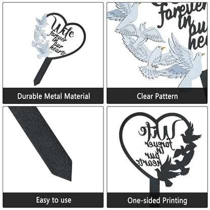BUoonyer Stake Graves Cemetery Decorations - Wife Metal Memorial Grave Markers, Women Heart Graveyard Sympathy Plaque, Dove Remembrance Graveside Burial Decor Sign for Outside Yard Garden - style: Wife