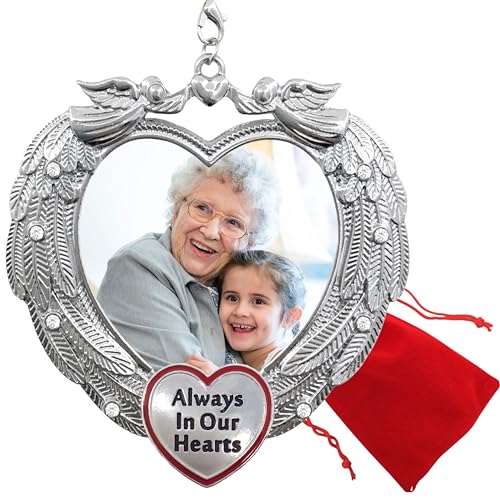 Memorial Photo Ornament Always in Our Hearts, Heart-Shaped Angel Wing Remembrance Ornament with Clear Gems, Sympathy Christmas Ornament with Gift Storage Bag, Holds 2" Photo, 3.25"