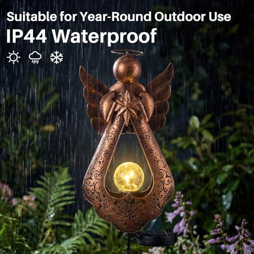 Edenseelake Angel Solar Lights Stake with Crackle Glass Globe Waterproof, Metal Garden Decor Stake LED Light, Memorial Gift for Mom, Women, Friends, Patio, Yard