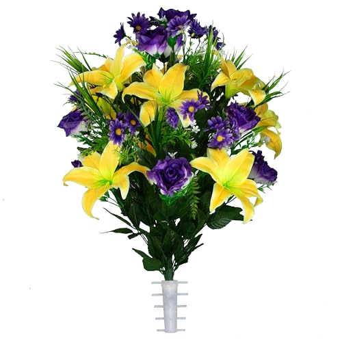 Sympathy Silks Artificial Cemetery Flowers - Gravesite Flowers - Yellow Lily with Purple Rose and Daisies - color: Yellow, size: Bouquet