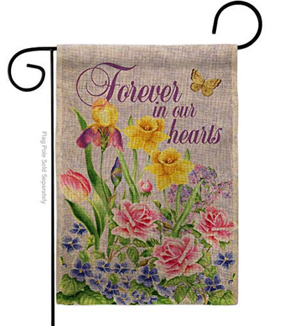 Forever In Our Heart Burlap Burlap Garden Flag Sweet Life Sympathy Remembrance Memorial Bereavement Love Support Emotion Postive Small Decorative Gift Yard House Banner Double-Sided Made USA 13 X 18.5 - size: Garden Flag 13" x 18.5" Only