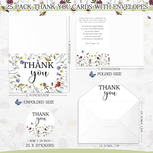 Marspark 25 Pack Funeral Thank You Cards Sympathy Envelopes, Wildflower | Bereavement Message Memorial Postcards with Stickers, for Loved Ones Family Friends, Celebration of Life - style: Wildflower