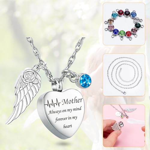 Gredstar Heart Urn Necklace for Ashes, ECG Memorial Pendant | Heartbeat Line, Angel Wing, 12 Birthstones, Stainless Steel, Screw Closure, Funnel & Box Included - style: Mother