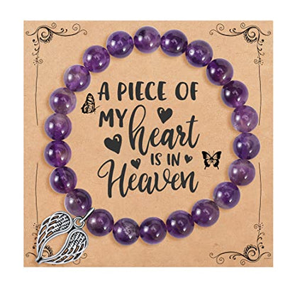 QWNHONEY Memorial Gifts for Loss of Loved Sympathy Remembrance In Memory of Mother Father Pet Bereavement Grief Pink Red Beads Bracelet with Angle Wings Jewelry Gifts for Women - style: Purple-Wings-A piece of my heart is in Heaven