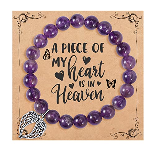 QWNHONEY Memorial Gifts for Loss of Loved Sympathy Remembrance In Memory of Mother Father Pet Bereavement Grief Pink Red Beads Bracelet with Angle Wings Jewelry Gifts for Women - style: Purple-Wings-A piece of my heart is in Heaven