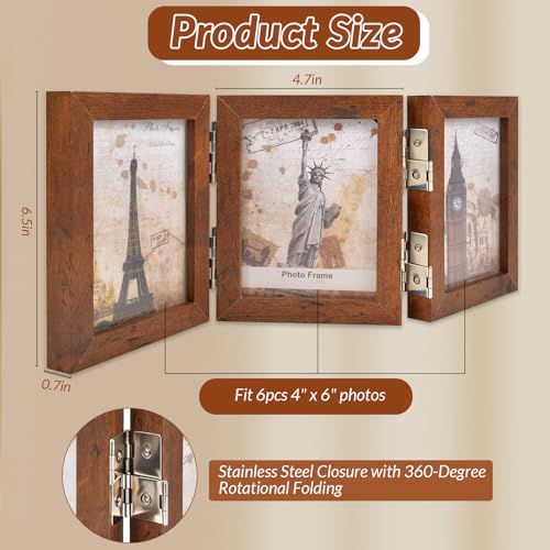 Collage Picture Photo Frames - 4x6, Triple Hinged 3 Desk Picture Frame, Wooden Desk Tabletop Family Photo Frame with Glass Opening, Decorative Folding Trifold Picture Frame Stand Vertical, Brown - style: Collage Brown 3-Fold,4×6"