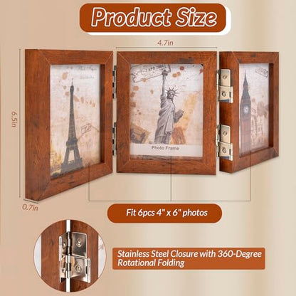 Collage Picture Photo Frames - 4x6, Triple Hinged 3 Desk Picture Frame, Wooden Desk Tabletop Family Photo Frame with Glass Opening, Decorative Folding Trifold Picture Frame Stand Vertical, Brown - style: Collage Brown 3-Fold,4×6"
