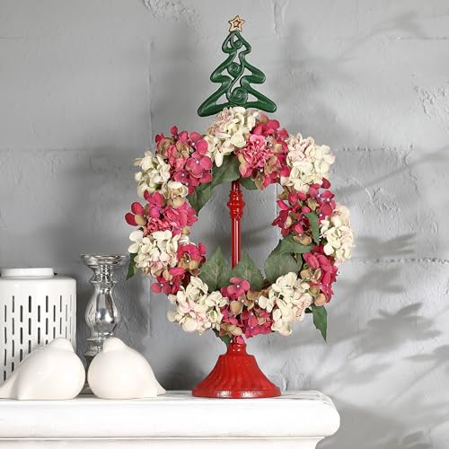 Heavy Duty Wreath Display Stand Fits 25in Wreath 37in Tall | Red wreath stand w/ green tree & gold star,adj height,easy setup,fits tabletop,floor,hearth,mantle,porch & more