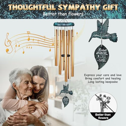 Sympathy Wind Chimes for Outside Deep Tone, Memorial for Loss of Loved One Prime, Bereavement Condolence Remembrance Funeral Gifts for Grieving Friends Loss of Mother Father - size: F-Green Hummingbird