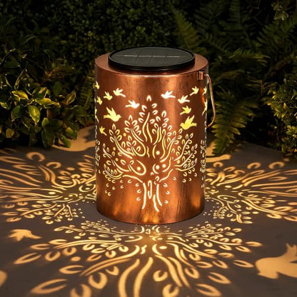 Solar Lantern Outdoor, Tree of Life Decorative Hanging Lantern | 13.4", Metal, IP65 Waterproof, Larger Solar Panel, 2000mAh Battery, Dusk to Dawn, Garden, Patio Decor, Housewarming Gifts - style: Tree of Life