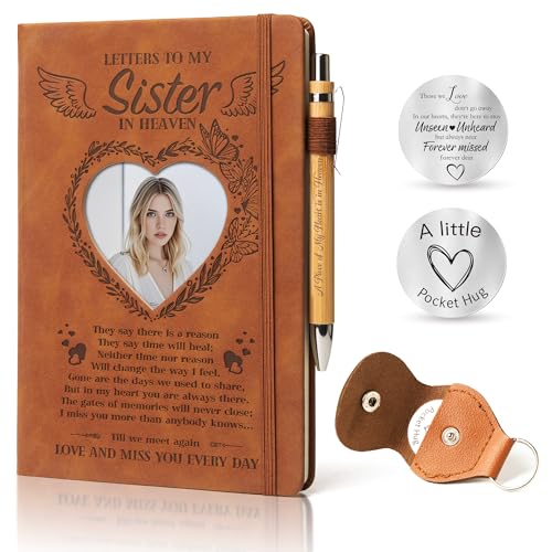 3 Pcs Memorial Gifts for Loss of Sister A5 Grief Journal Travel Diary with Heart Photo Window in Cover Remembrance Pocket Hug PU Leather Keychain& Pen, Loss of Sister Sympathy Bereavement Gift - style: Sister