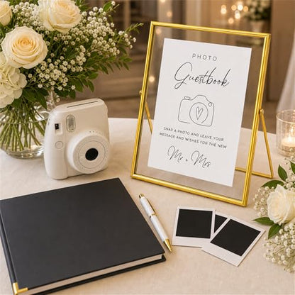 Calculs Photo Guest Book Sign, Gold 8x10 Floating Picture Frame | Double glass metal frame, fits 6x8 insert, photo guest book station, reusable tabletop frame for signs and photos - color: Gold