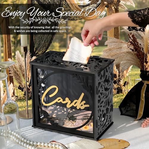 Black & Gold Wedding Card Box for Reception, PVC Gift Cards Holder for Graduation Party, Funeral Memorial, Birthday, Bridal & Baby Shower, Retirement, Donation Basket, Money, Envelope Box with Slot - color: Black