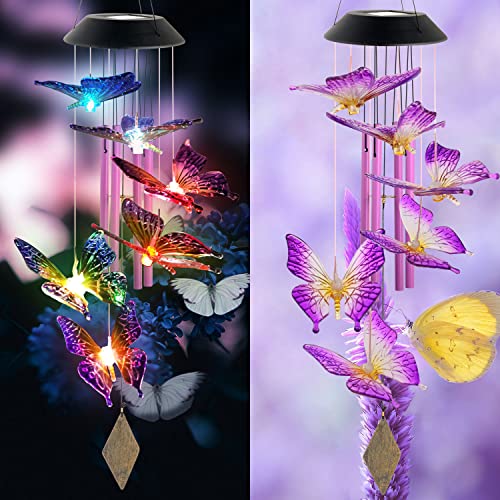 Purple Butterfly Wind Chimes Outdoor, Butterfly Garden,Glow in The Dark Garden Decor with Iron Metal Pendant Patio Hanging Ornaments for Yard Tree Outside, Unique Nature Gifts for Women Mom - color: Purple Butterfly