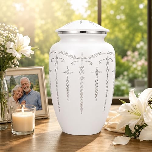 CLEENTABLE Cremation Urn for Human Ashes Adult, 200+ cu in, White Metal | Metal alloy, 11in H x 6.5in W, screw-top lid, 200+ cubic inches, handcrafted, women & men - color: White Silver, size: Classic Silver Vine - 6.5x11"