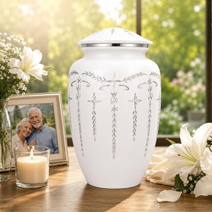 CLEENTABLE Cremation Urn for Human Ashes Adult, 200+ cu in, White Metal | Metal alloy, 11in H x 6.5in W, screw-top lid, 200+ cubic inches, handcrafted, women & men - color: White Silver, size: Classic Silver Vine - 6.5x11"