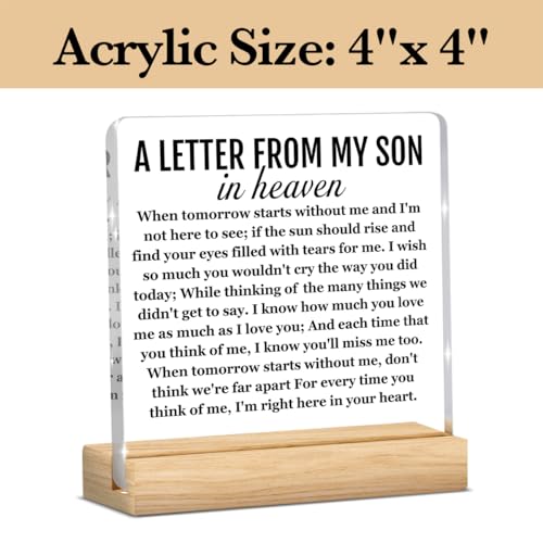 Memorial Sympathy Gifts for Loss of Son, Sympathy Gifts for Loss of Loved One Son, Remembrance Bereavement Condolence Gift a Letter From My Son in Heaven Office Acrylic Sign 4 x 4 Inches - color: A Letter From My Son in Heaven