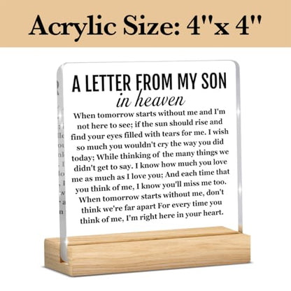 Memorial Sympathy Gifts for Loss of Son, Sympathy Gifts for Loss of Loved One Son, Remembrance Bereavement Condolence Gift a Letter From My Son in Heaven Office Acrylic Sign 4 x 4 Inches - color: A Letter From My Son in Heaven