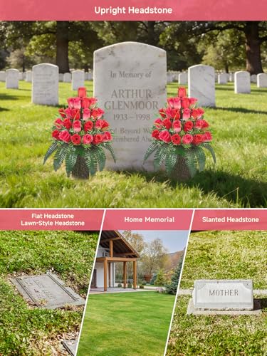 Mirevielyn 2-Pack 24-Stem Artificial Rose Cemetery Flowers with Vases - color: Red (Vivid Tribute)