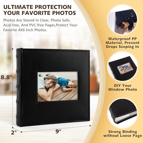 Photo Album Hold 200 4x6 Photos with Front Window for DIY (Black) - color: Black
