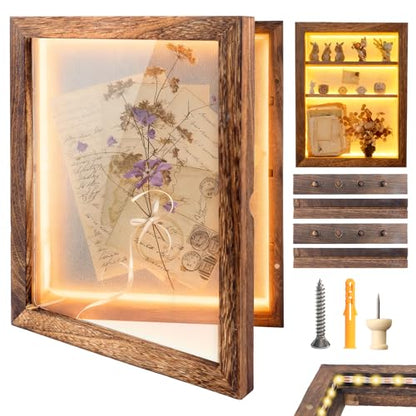 Shadow Box 14x11 Brown Picture Frames Display Cases with LED Light,Memory Keepsakes Boxes with 4 Removable Trinket Shelf,for Anniversary Wedding Baby Graduates Memorial Collect Deep Brown - color: Brown