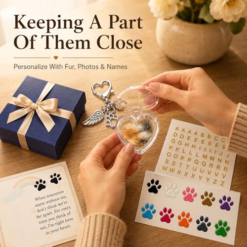 Personalized Pet Fur Keepsake Memorial Locket, Clear Heart for Dog Cat Fur or Photo, Pet Hair Keepsake DIY Name Stickers Included, Sympathy Gift for Loss of Pet, Memory Charm for Women Kids