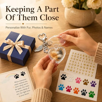 Personalized Pet Fur Keepsake Memorial Locket, Clear Heart for Dog Cat Fur or Photo, Pet Hair Keepsake DIY Name Stickers Included, Sympathy Gift for Loss of Pet, Memory Charm for Women Kids