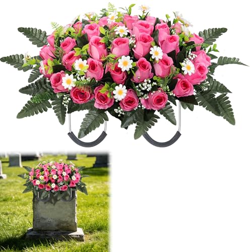 Wocst Cemetery Decorations for Grave Large Headstone Flower Saddle Grave Silk Flowers for Outdoor Grave Decoration(Pink) - color: Pink, size: 1 Saddle
