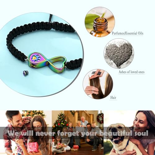 Infinity Heart Urn Bracelet for Ashes Paw Print Cremation Jewelry Stainless Steel Adjustable Braided Rope Bangle Bracelets Keepsake Memorial Jewelry for Loved Ones with Fill Tool - color: Rainbow
