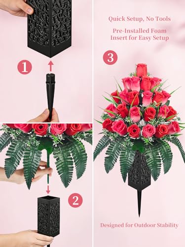 Mirevielyn 2-Pack 24-Stem Artificial Rose Cemetery Flowers with Vases - color: Red (Vivid Tribute)