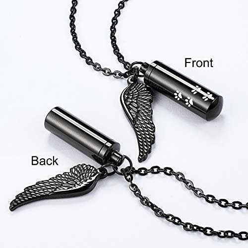 abooxiu Cylinder Cremation Necklace for Pet Ashes With Angel Wing Paw - Urn Necklace for Dog/Cat Memorial Keepsake Jewelry - color: Black-M