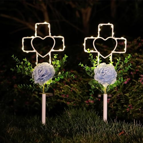 2 Pack 16 Inch Solar Cross Garden Stake Lights, Grave Decorations | Solar Outdoor Metal Heart Sign, Auto On/Off, Cemetery Memorial Flowers Decor, Patio Lawn Garden Waterproof Art Stake - color: Cross shaped, 2pc