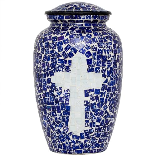 Liliane Memorials Mosaic Glass Cremation Urn - Hand Made Funeral Urn for Human Ashes - Large Adult Size - 200 cu in (Blue-White Cross) - color: Blue-white Cross
