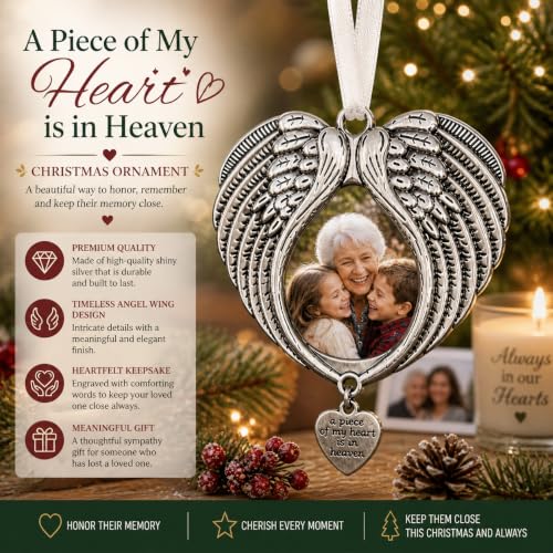 Christmas Ornaments Angel Wings - New A Piece of My Heart is in Heaven Ornament for Christmas Tree with Photo Frame - Double Sided Memorial Ornament for Loss of Loved One - | New A Piece of My Heart is in Heaven, Tree with Photo Frame, Double Sided, Loss