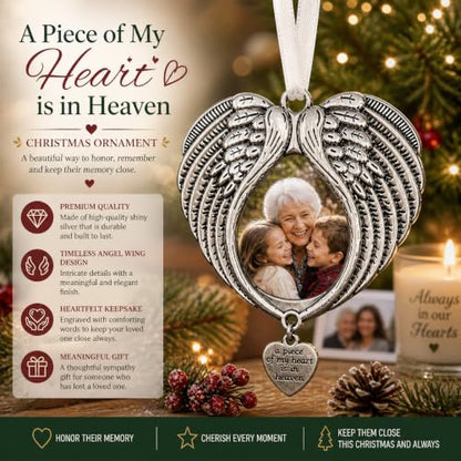 Christmas Ornaments Angel Wings - New A Piece of My Heart is in Heaven Ornament for Christmas Tree with Photo Frame - Double Sided Memorial Ornament for Loss of Loved One - | New A Piece of My Heart is in Heaven, Tree with Photo Frame, Double Sided, Loss
