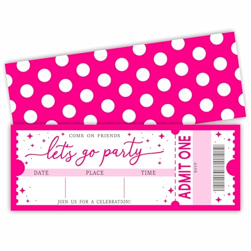 Let's Go Party Birthday Invitation -20 Pink Theme Double-Sided Fill In Style VIP Ticket Invites With 20 Envelopes For Girls -Party Favor & Supplies (3 X 8 In) -A11 - color: Pink polka dots A