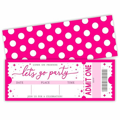 Let's Go Party Birthday Invitation -20 Pink Theme Double-Sided Fill In Style VIP Ticket Invites With 20 Envelopes For Girls -Party Favor & Supplies (3 X 8 In) -A11 - color: Pink polka dots A