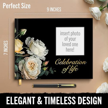 Celebration of Life Guest Book for Funeral or Memorial 9"x7", Hardcover Cardboard Floral Remembrance Book w/Sign In Poster, Gold Foil, Photo Window, Memory Keepsake for Loved Ones, Black & White Roses