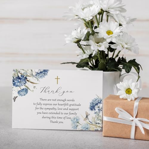25 Pcs Funeral Thank You Cards with Envelopes, 4×6 In | Watercolor Blue Flower Design, Bereavement Cards, for Funeral Family Friends Loved Ones Celebration of Life - color: 25 Light Blue