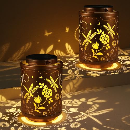 2 Pack Dragonfly Solar Lanterns Garden Decor Birthday Gifts for Women | Gifts for Mon Grandma Metal Hanging Solar Lights Outdoor Waterproof Decoration for Outside LED Lanterns for Yard - color: Dragonfly-2pack
